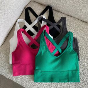 Soutien-gorge de <span class=keywords><strong>sport</strong></span> dos nu à bretelles croisées et col en V pour femme, 220g, haut d'entraînement épais avec coussinets intégrés, débardeur de gym, camisole de fitness, course à pied - Product Image 2