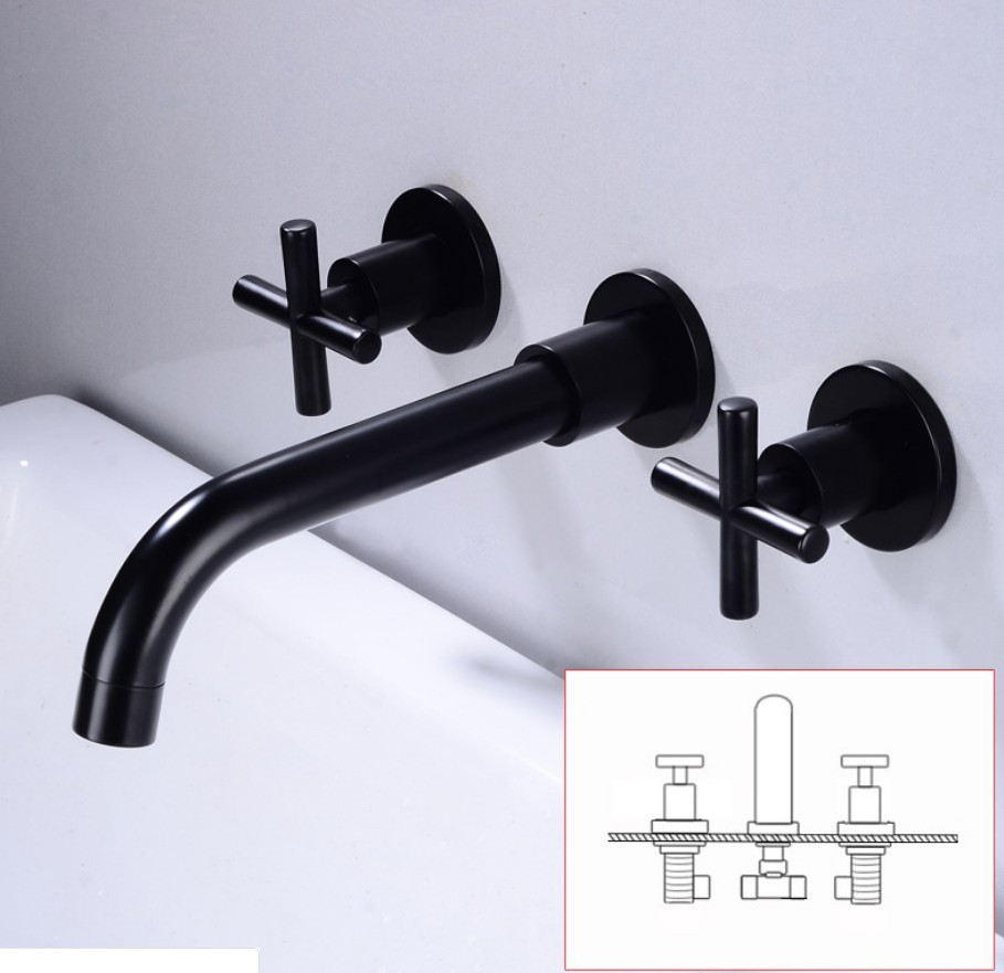 Luxury wall mounted brass double handle black Concealed  basin mixer faucet