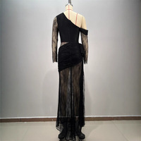 Nouvelle Robe Longue de Soirée Noire en Dentelle Transparente Amincissante avec Fente et Épaules Dénudées pour l'Exportation