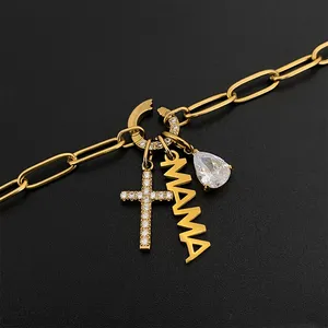 Collar de Acero Inoxidable eManco Estilo Hip-Hop con Colgante de Cruz MAMA y Cristal en Forma de Gota, Joyería para Uso Diario, Venta al Por Mayor - Product Image 3