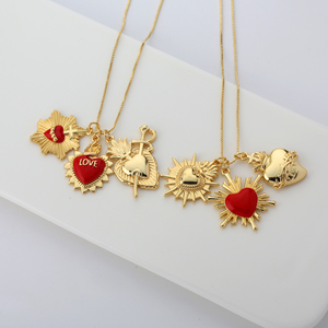Collar <span class=keywords><strong>de</strong></span> Corazón Sagrado Chapado en <span class=keywords><strong>Oro</strong></span> <span class=keywords><strong>de</strong></span> 18K, Joyería Religiosa Católica para Mujer, Colgante Esmaltado con Diseño <span class=keywords><strong>de</strong></span> Corazón Flameante, Venta al Por Mayor - Product Image 5