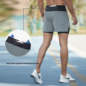 Shorts de course à pied sportifs pour hommes, taille haute, couleur unie, double couche, avec faux cordon de serrage, pour l'été, l'extérieur, le marathon, le fitness et le basketball - Product Image 5