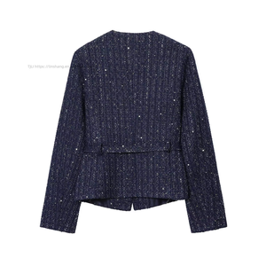 Fall Women's Clothing - Metallic Buckle, Coarse Wool, <b>Sequined</b> Trim, Round Neck, Long Sleeve, Short Fashion - Product Image 3