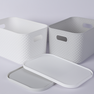 Cestas de almacenamiento de plástico <span class=keywords><strong>con</strong></span> <span class=keywords><strong>tapa</strong></span> Contenedores organizadores apilables para despensa Almacenamiento doméstico versátil para juguetes Ropa y más - Product Image 5