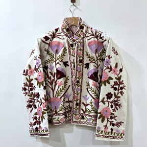 Floral Embroidered Cotton Jacket with V-neck Collar Full Sleeve <b>Reversible</b> Quilted Winter Women's Short <b>Coat</b> - Product Image 1