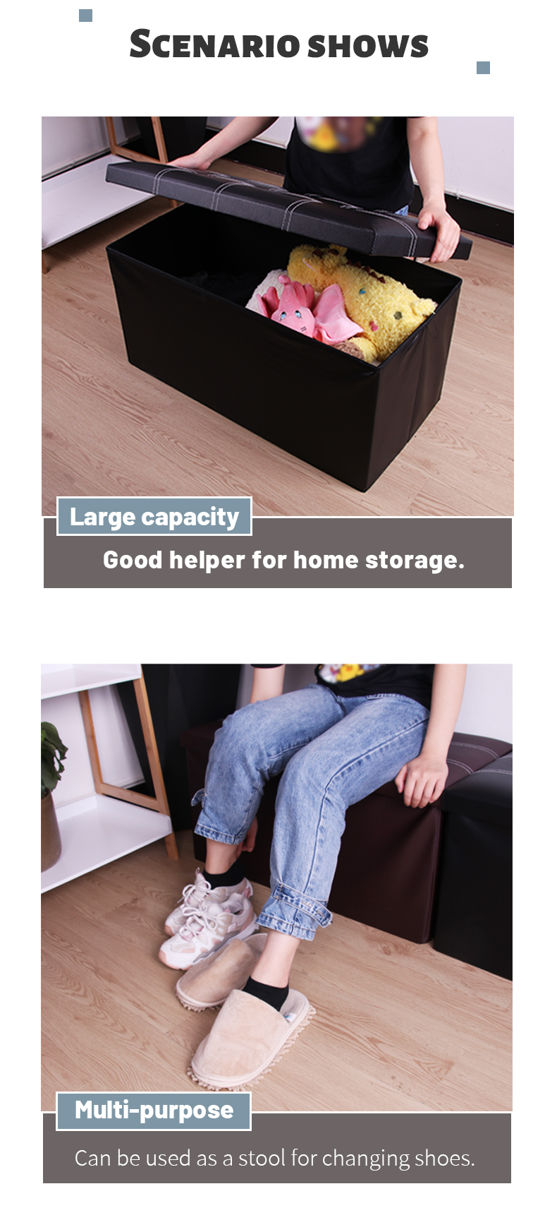 Large-capacity Folding Storage Stool With Buttons Storage Bench  For Bedroom Leather Ottoman