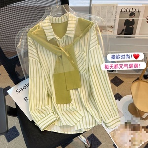 Camicia a maniche lunghe a righe da donna, vestibilità ampia e slim, con sciarpa effetto due pezzi, nuova collezione primavera - Product Image 4