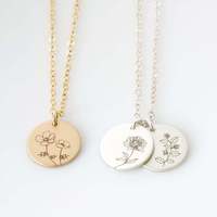 Bijoux personnalisés en argent sterling 925 pendentif disque plaqué or gravé 12 mois de naissance collier fleur
