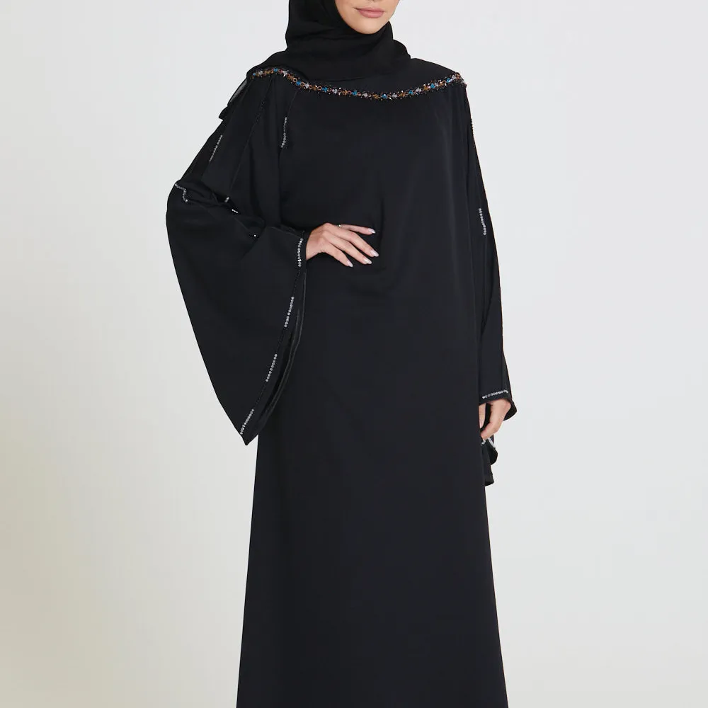 نمط جديد ملابس إسلامية من قطعتين عباية مفتوحة مع فستان داخلي بلون سادة شيفون إسلامي أسود ملابس فاخرة فستان نسائي