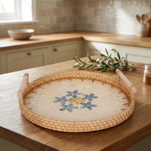 Plateau de lit de petit déjeuner en bambou fait à la main de luxe plateau de service bohème taille personnalisée manche en bois écologique 350mm de diamètre portion de nourriture - Product Image 1