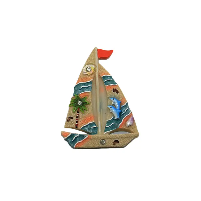 Tropischer Andenken Segelboot Form Design Poly resin Kühlschrank Magnet mit Kokosnuss baum Delfine Figuren Harz Handwerk für Dekor