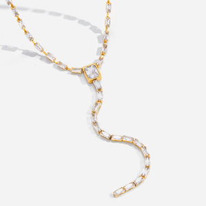 Collar de cadena en forma de Y de acero inoxidable con diseño geométrico de circonita cuadrada blanca para joyería de fiesta - Product Image 1