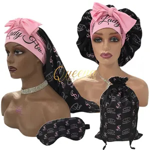 Free sample link custom logo soft silk women sleeping kit hair bonnets designer stretch head wrap satin bonnet