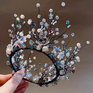 Tiara <span class=keywords><strong>de</strong></span> Corona Redonda <span class=keywords><strong>de</strong></span> Cristal y Pedrería Original Hecha a Mano, Tocado Floral Nupcial, Accesorio para el Cabello para Bodas y Espectáculos - Product Image 1