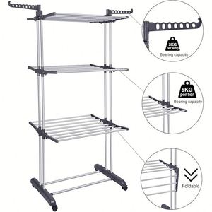 4-Tier <b>Folding</b> Clothes Laundry Drying Rack Hanger Portable Foldable Steel Clothes Airer Dryer Collapsible <b>Shelves</b> with Wheels - Product Image 5