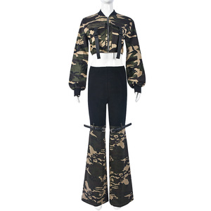 Conjunto de 2 Piezas para Mujer, Camuflaje, Manga Larga, Cintura Descubierta, Pantalón de Mezclilla Elástica con Cinturón, Personalizado, a la Moda - Product Image 4