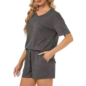 Conjunto de 2 Piezas para Mujer, Color Claro, Poliéster y Algodón, 280gsm, Cuello en V, Manga Corta, Corte Holgado, Color Sólido, Tejido de Punto, Casual - Product Image 6