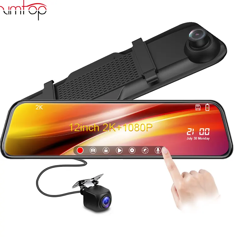 12 Inch Car DVR Stream Media Dash Cam 1440P Touch Screen Dual Lens 2K Video Recorder Rear表示Mirror BackアップCamera