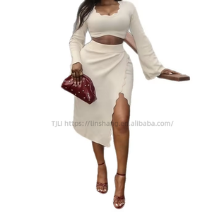 Women's Fall New Arrival Fresh Bell-Sleeve Slim-Fit Solid-Color Top & Split Skirt 2-Piece <b>Set</b> Fashion - Product Image 1