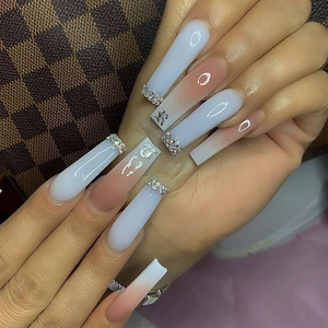 Faux ongles à presser faits à la main, brillants, longs, forme cercueil, motif zèbre, style French, longue tenue - Product Image 3