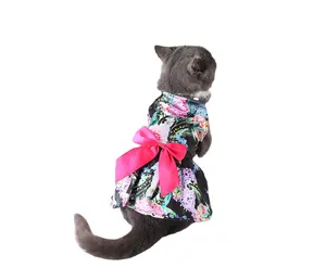 Breathable spring summer flower print cotton cute pet thin dress with bowknot puppy costume outfit dog clothes animal