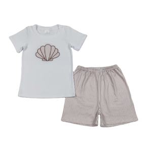 Conjuntos de Ropa para Niños con Diseños de Conchas Marinas Bordadas RTS, Camiseta y Pantalones Cortos, Conjuntos de Ropa para Niños a la Moda para el Verano, Conjuntos de Ropa para Hermanos al por Mayor - Product Image 1