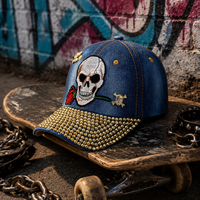 Casquette de baseball structurée à 6 panneaux avec broderie Crâne et Rose et visière entièrement ornée de paillettes, personnalisable, réglable, vente en gros, fournisseur OEM ODM, nouveauté