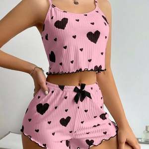 Women's Pajamas Set Sleepwear 2 PCS Short Tank Tops and Shorts S M L White Ventilate Soft Casual Love Printing - Product Image 1