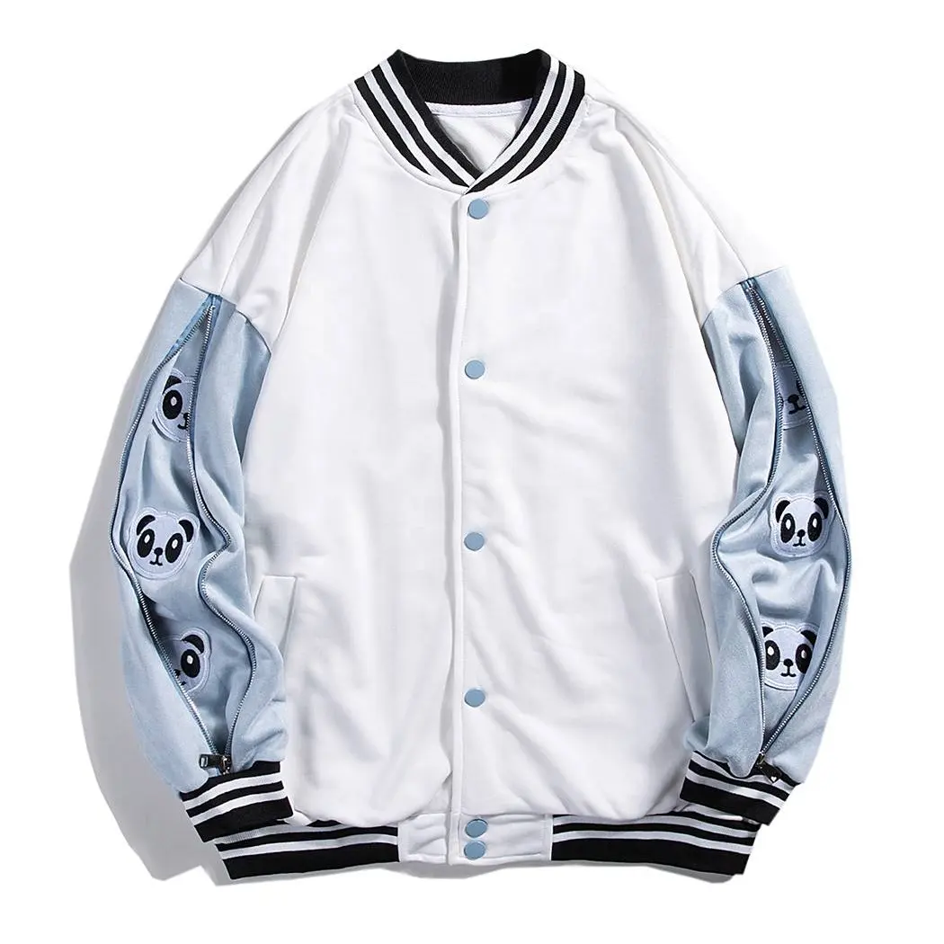Custom Design High Quality Wholesale Pure wool light blue embroidered sleeves zipper patch casual baseball jacket