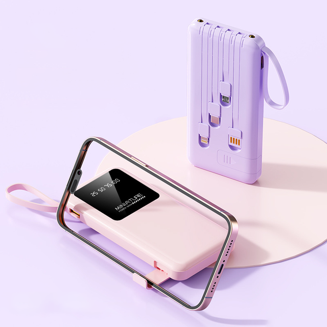 Slim 2-in-1 Quick Charger Power Bank 10000mAh 22.5W Fast Charging Built-in 4 Cables Micro USB LED Light Lanyard Portable Battery
