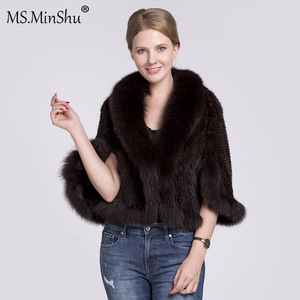 MWfur Frauen gestrickt weiß Nerz Pelz Hochzeit Poncho Jacke Fox Pelz Kragen getrimmt Nerz Pelz <span class=keywords><strong>Cape</strong></span> für Dame - Product Image 2