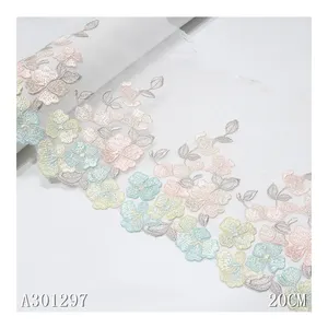 Customizable 20cm white embroidery tulle lace 3d colorful flower laces polyester nylon fabric