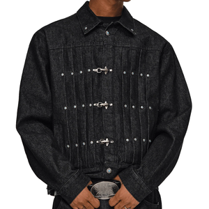 Vestes en denim brut à panneaux personnalisées pour hommes, fermeture à fermoir métallique vintage, manteaux décontractés Y2K, vêtements d'extérieur plissés pour hommes - Product Image 5