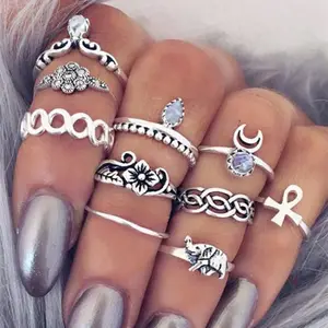 Set Of 10 Women Boho Elephant Knuckle Ring Midi Gothic Finger Rings Set Gift