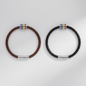 Leather Woven <b>Bracelet</b> Rainbow Color Block Stainless Steel Clasp Unisex Gift Jewelry Black And Brown - Product Image 1