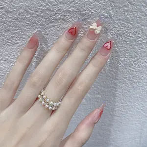 Esmalte de uñas postizas con forma de corazón para niños, manicura francesa para el Día de San Valentín, cobertura completa