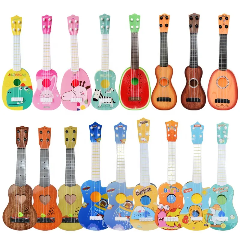 Instrumento de simulação para crianças, mini guitarra de brincar com quatro cordas, instrumento musical de iluminação para crianças de 1 a 2 anos