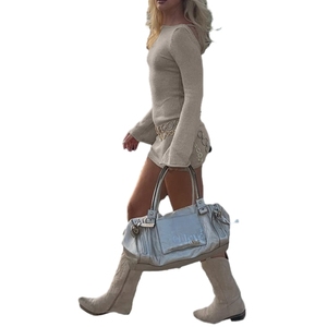 Vestido ajustado de manga larga con espalda descubierta, color liso y textura acanalada, estilo sexy, novedad de otoño para mujer. - Product Image 2