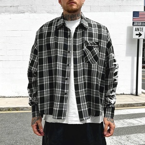 Camisetas de Diseñador Personalizadas con Estampado en la Solapa y Hombros Caídos, Camisas de Franela a Cuadros Térmicas con Botones, Camiseta de Manga Larga Extra Grande de Algodón - Product Image 1