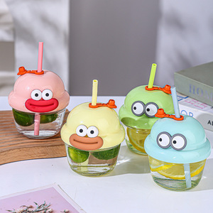 Vaso de Vidrio con Pajita Mini para Café o Agua, Diseño de Dibujos Animados Moderno y de Alta Calidad para Parejas, Vaso de Vidrio Mini Kawaii - Product Image 1