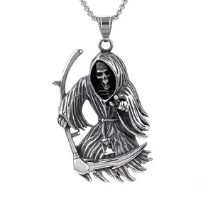 Wholesale Fashion Necklaces Gothic Death Scythe Skull Necklace Pendant Punk Stainless Steel Biker Men Grim Reaper Pendant