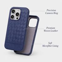 Étui de téléphone en cuir PU tressé en gros, texture tressée, doublure microfibre fine, logo personnalisé, badge métallique gaufré, dorure à chaud, OEM