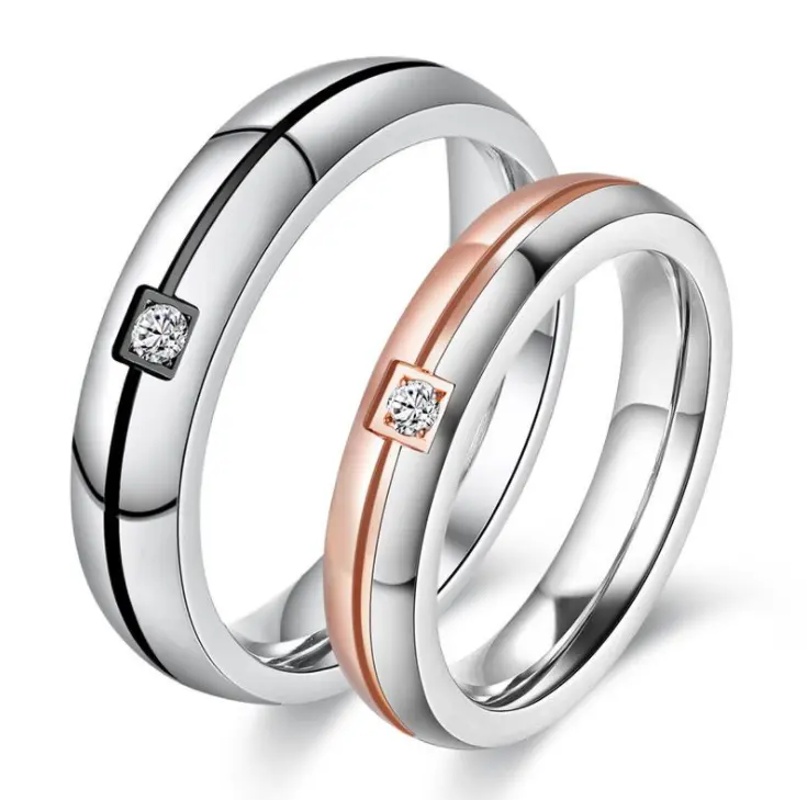 His and Hers Stainless Steel Couple Matching Wedding Band Rings with Cubic Zirconia Stone