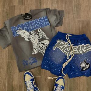 30 MOQ Personnalisé Impression Gonflée Vintage Décoloration Acide <span class=keywords><strong>Ensemble</strong></span> <span class=keywords><strong>Short</strong></span> de Survie <span class=keywords><strong>et</strong></span> T-shirts Homme Style Streetwear Vintage avec Strass Sérigraphiés - Product Image 4