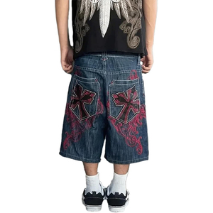 hong kong custom Embroidery Men's <b>Boot</b> Cut Mid Waist Y2K <b>Gothic</b> Harajuku Style Baggy Denim Shorts Streetwear Summer Vacation - Product Image 1