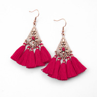 Anting-anting gantung model hoop eksotis warna merah buatan tangan seri Trendy dengan detail rumbai dan pengait alloy untuk wanita, perhiasan pesta