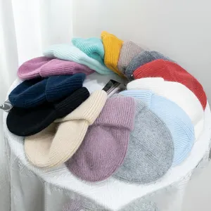 Cappelli da donna in maglia con Logo personalizzato con cappuccio in maglia con pelliccia di coniglio lungo autunno e inverno