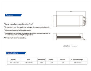 Transformateur d'alimentation LED 150W AC110/220V vers DC12V pour module d'éclairage LED, ventilateur, étanche à <span class=keywords><strong>la</strong></span> pluie, CE - Product Image 5