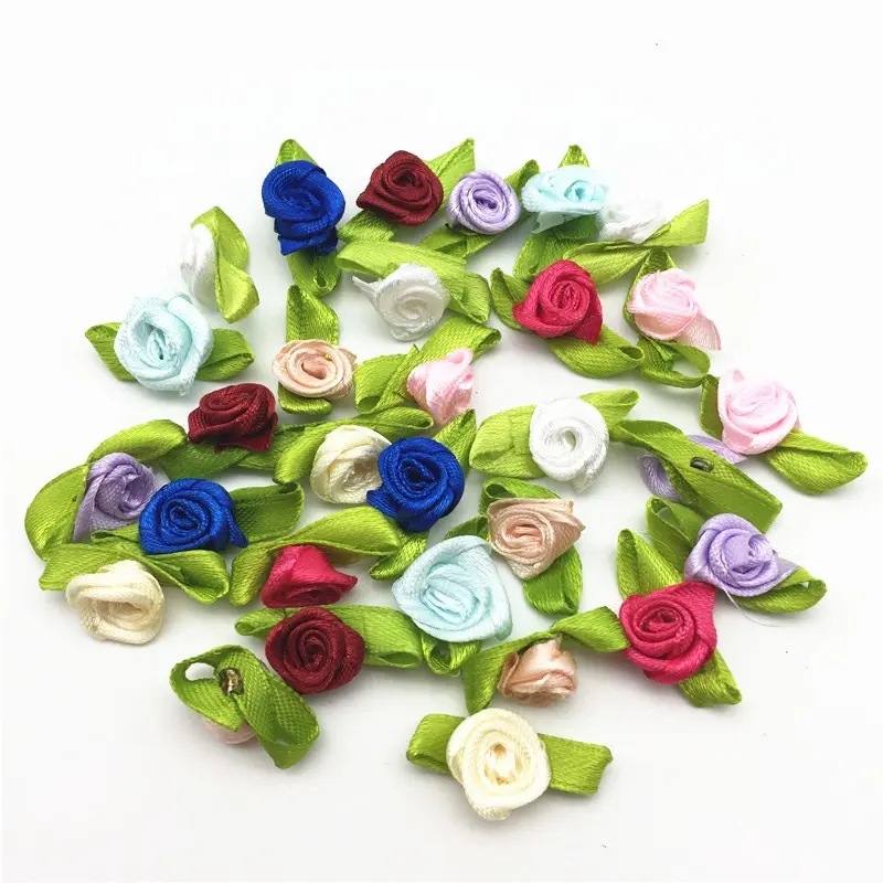 50pcs/bag Mini Satin Ribbon Rose Buds Flowers With Green Leaves Crafts Wedding Confetti Embellishments