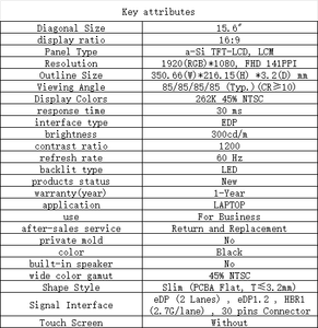 高品质京东方15.6英寸液晶面板 1000-1200对比度 255-300 cd/<span class=keywords><strong>m</strong></span>² 亮度 80-85 °   广视角LED背光灯 - Product Image 4